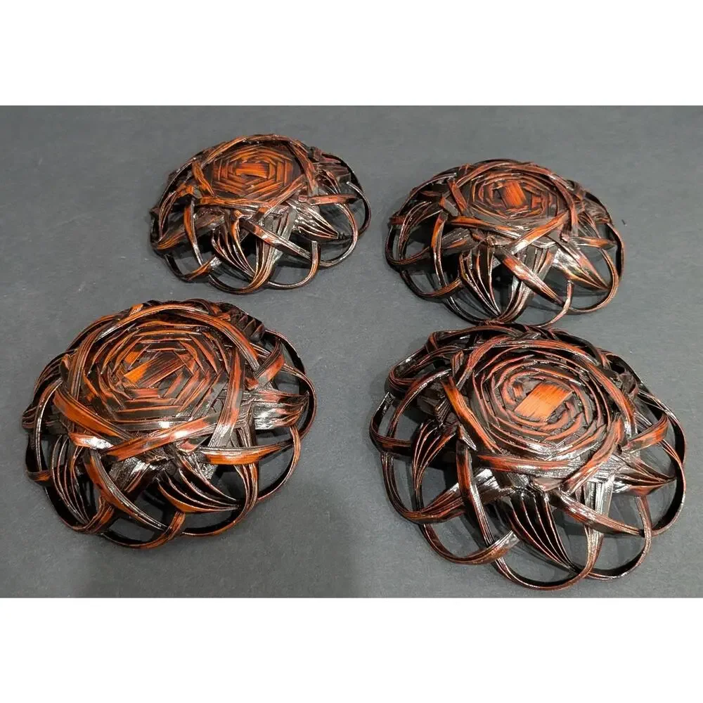 4 Wabi Sabi Woven Bamboo Coaster Set Boho Zen Lacquered Japanese Tea Saucer